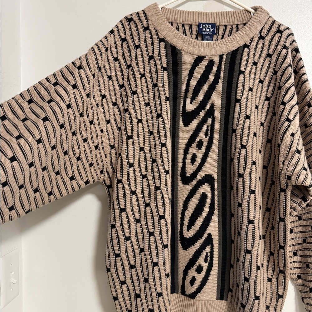 Vintage John Blair Men’s Textured 90s Beige and Black Geometric Sweater - Picture 2 of 5